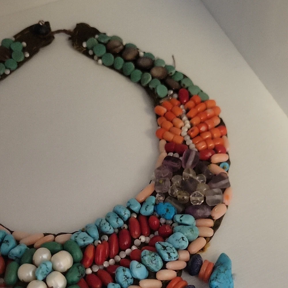 Hand Stitched Vtg Turquois,Red,Pink Coral,Fresh Pearls, Amethyst, Lapis gemstone - Picture 4 of 7